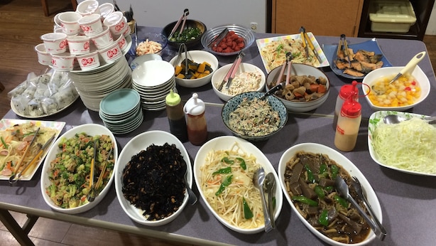A buffet table with various dishes, including noodles, vegetables, and seafood. - Ace Inn Matsuzaka (Matsusaka)