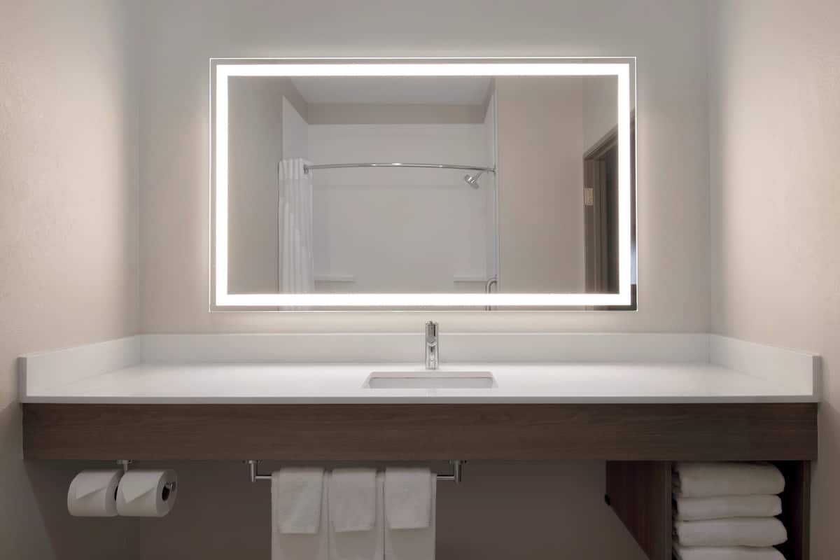 combined shower/bathtub, free toiletries, hair dryer, towels