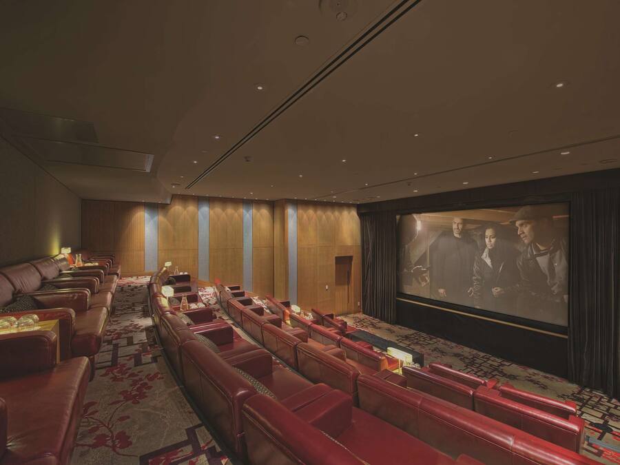 Een theater met rijen rode leren zitplaatsen, een groot scherm en een vloerbedekking.