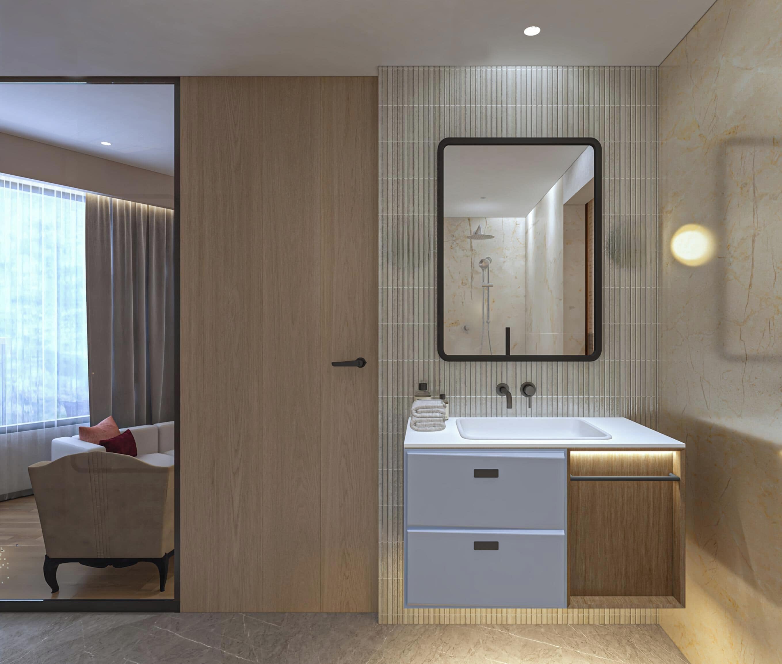 A modern bathroom with a large mirror, a white sink, and a wooden vanity.