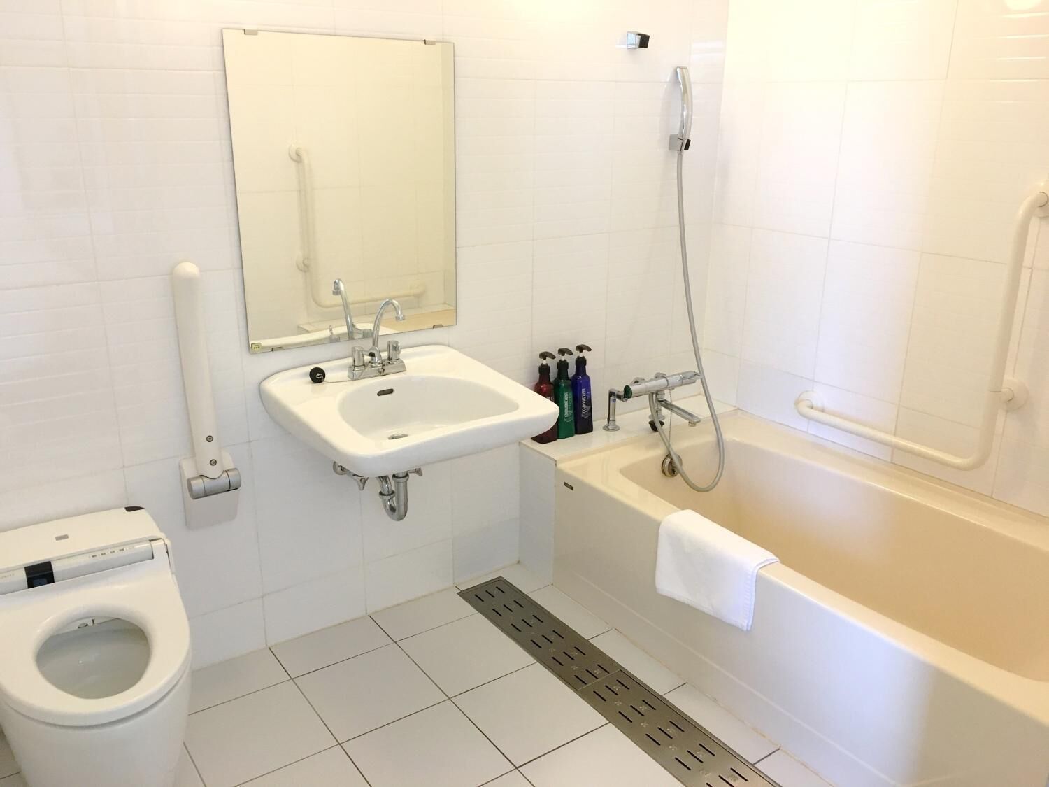 combined shower/bathtub, hair dryer, slippers, electronic bidet