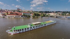 A riverboat with a green deck and multiple decks, docked near a bridge and buildings with red roofs.