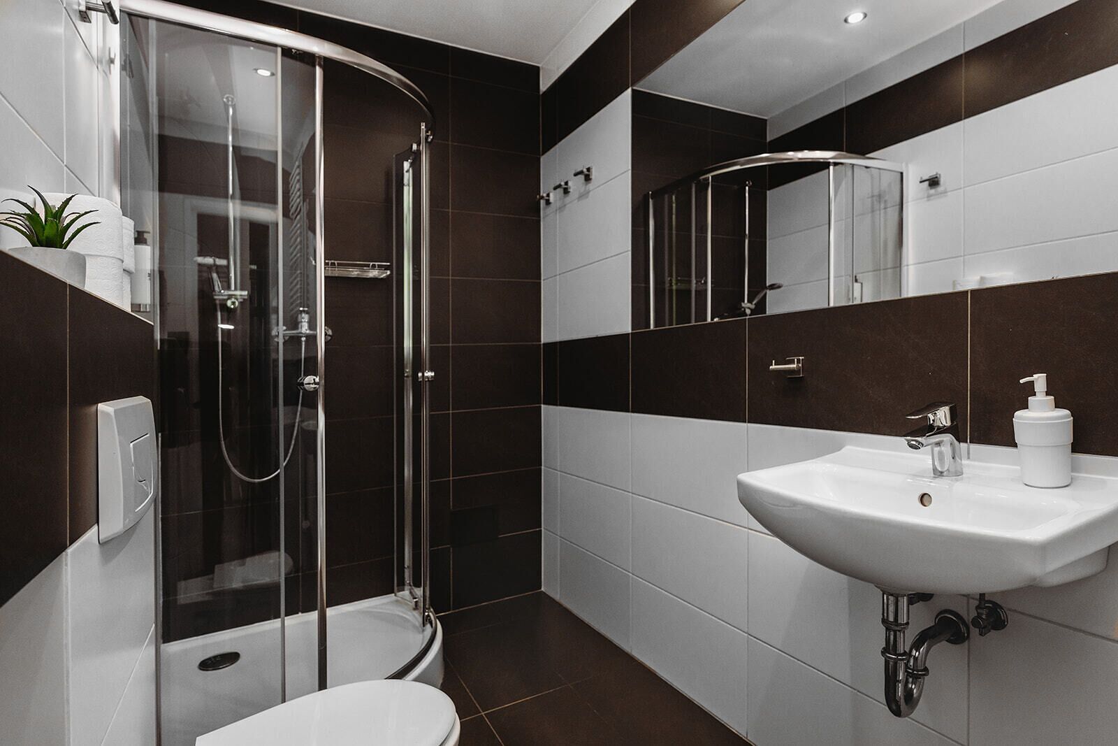 Un baño moderno con ducha de vidrio, lavamanos blanco con dispensador de jabón y un inodoro.