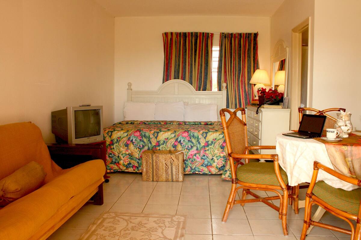 Um quarto com uma cama, uma televisão, uma mesa com um laptop e uma cadeira.