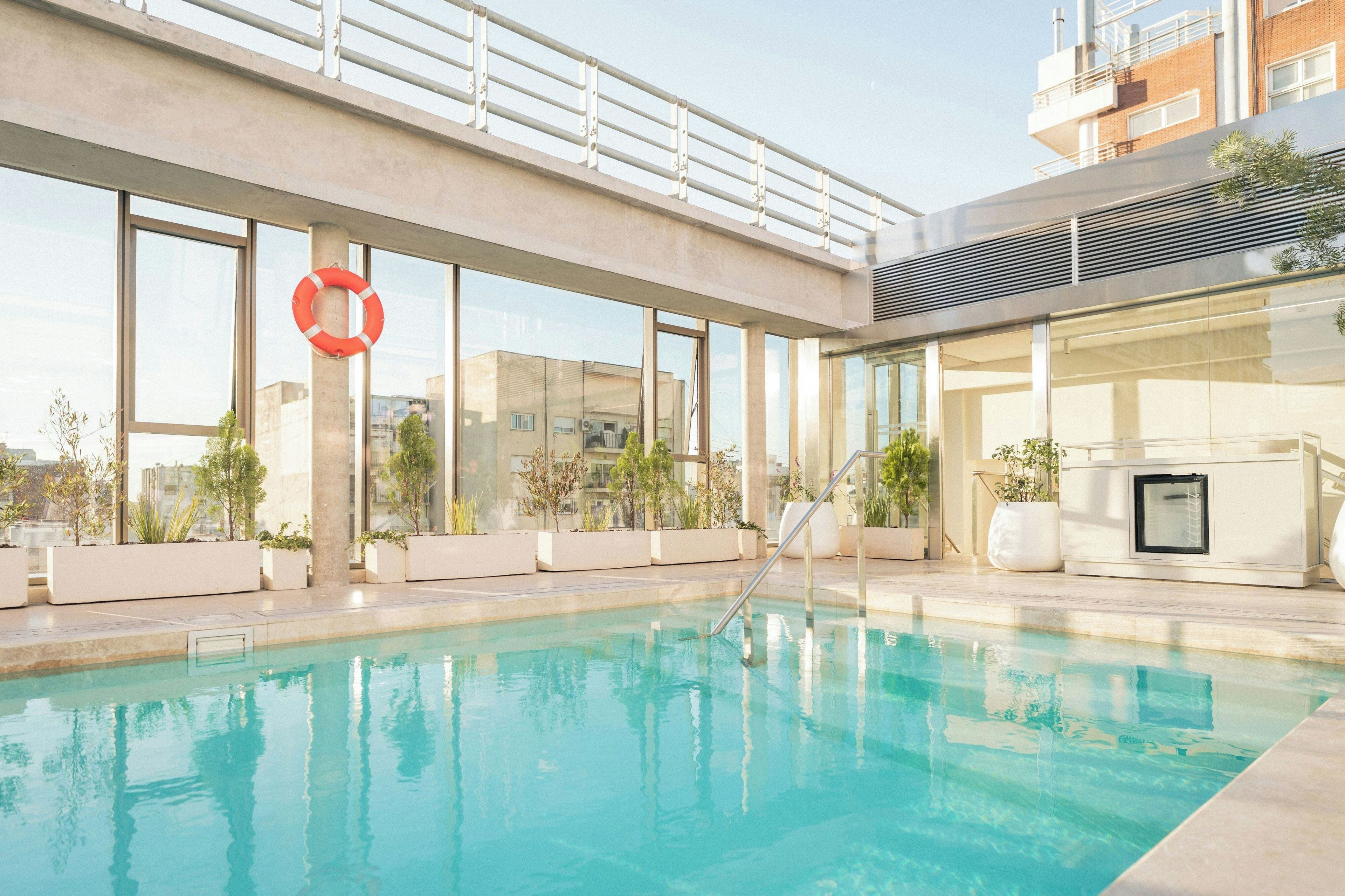 Una piscina en la azotea con un flotador salvavidas, plantas en macetas y vistas a edificios.