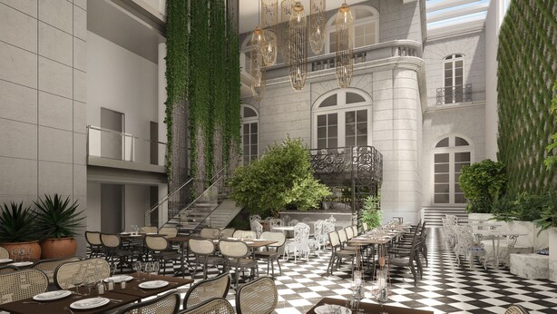 A spacious indoor dining area with multiple tables and chairs, a checkered floor, and a large staircase leading to an upper level. - Recoleta Grand, a Tribute Portfolio Hotel (Buenos Aires)