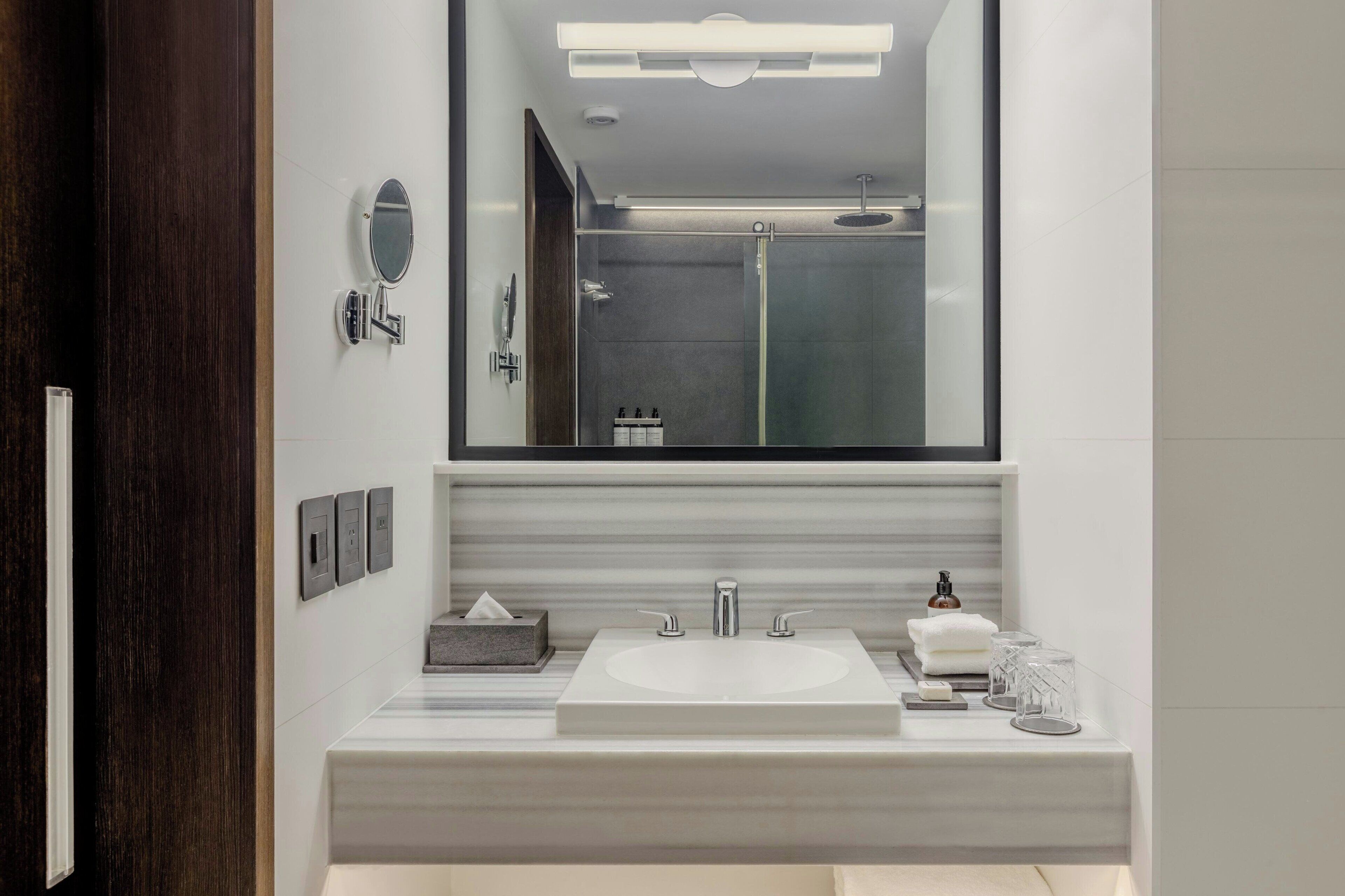 shower, rainfall showerhead, designer toiletries, hair dryer