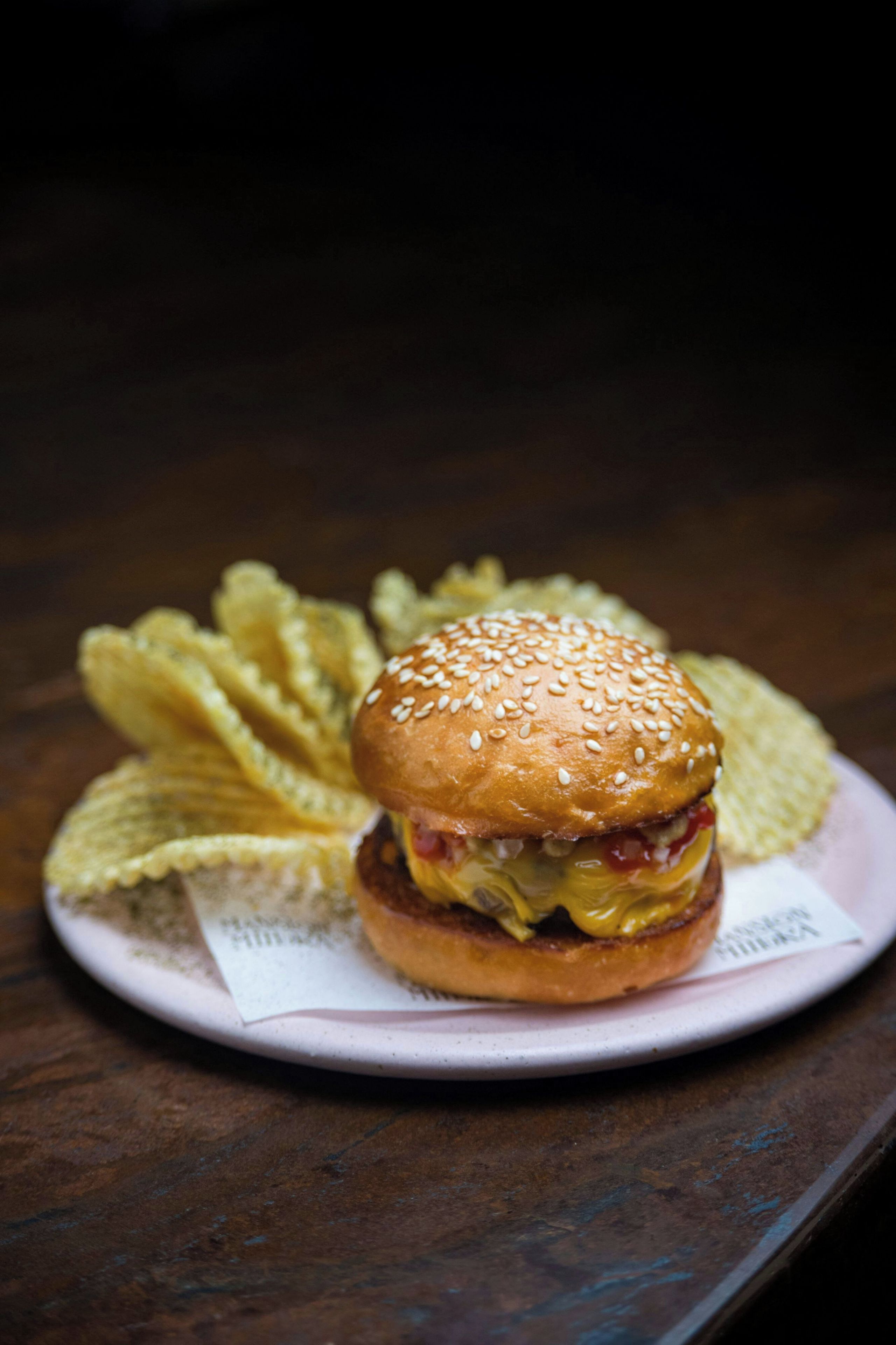 Une assiette avec un hamburger et des frites.