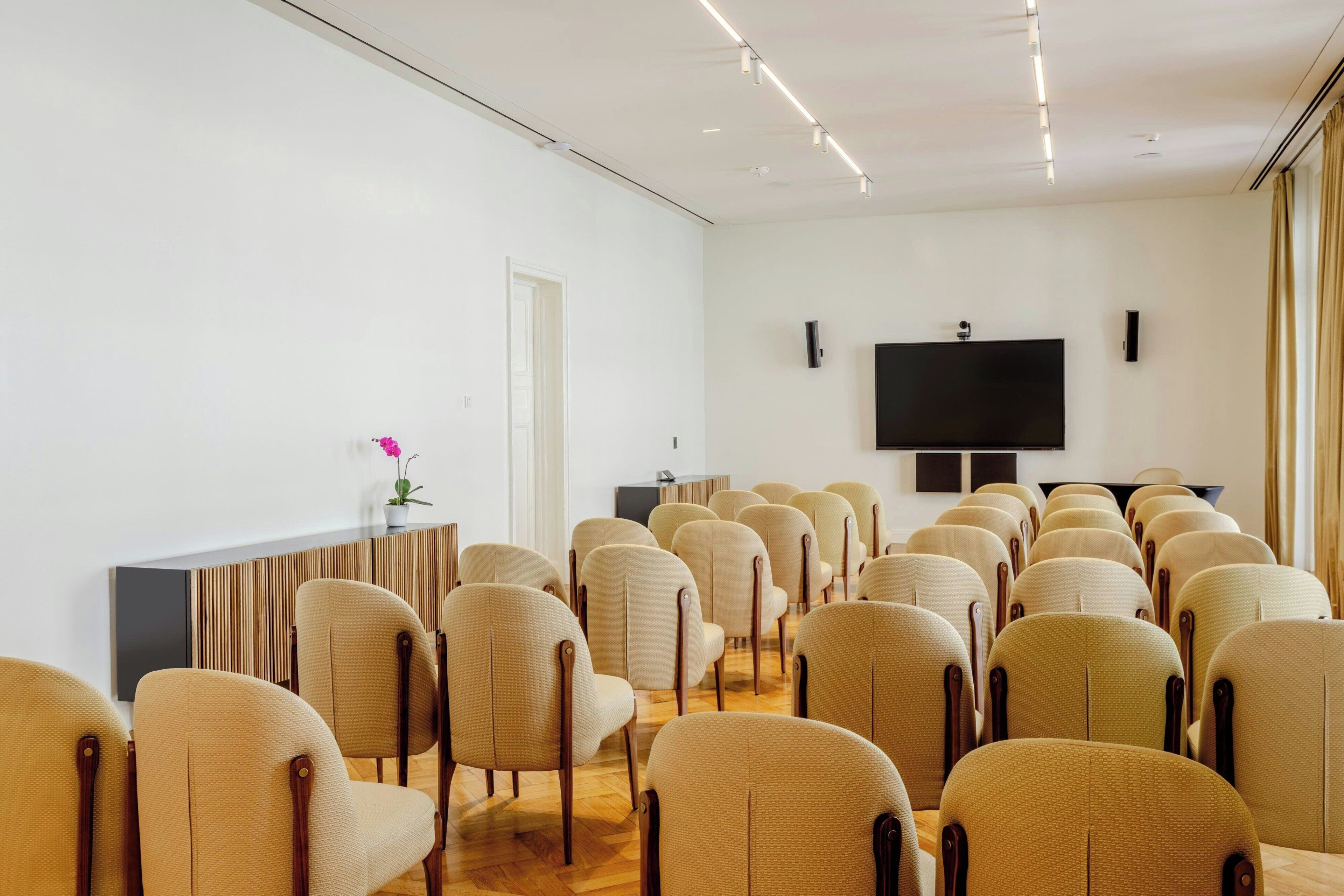 Un salón de conferencias con hileras de sillas color beige, un televisor de pantalla plana grande en la pared y un panel de madera con una pequeña planta en maceta.