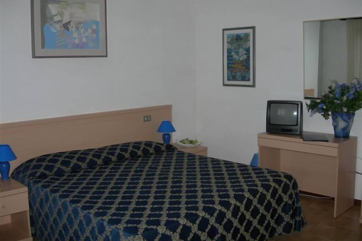 Un dormitorio con cama, escritorio, televisor y dos cuadros en la pared.