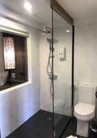 Un baño moderno con ducha envuelta en vidrio, inodoro y ventana con cortinas estampadas.