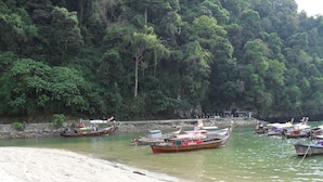 A beach with several boats docked near the shore. - The Krabi Forest Homestay (Krabi)