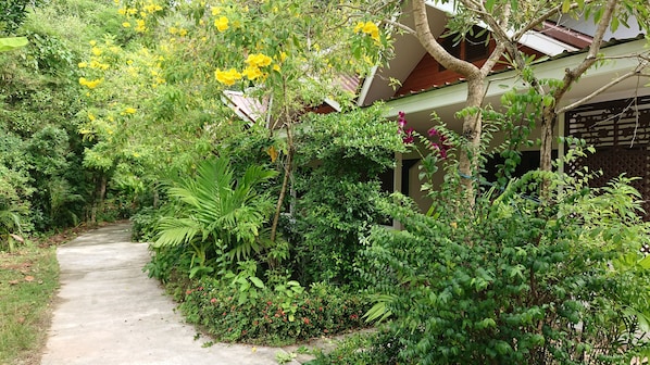 Uma trilha serpenteia por um jardim exuberante, com diversas plantas e árvores, um edifício com telhado inclinado e um cercado de treliça.