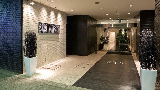 Entrada de un hotel con diseño moderno, que presenta una pared de ladrillo, una pared blanca con una obra de arte con estampado de cebra y un piso oscuro que conduce a la recepción.