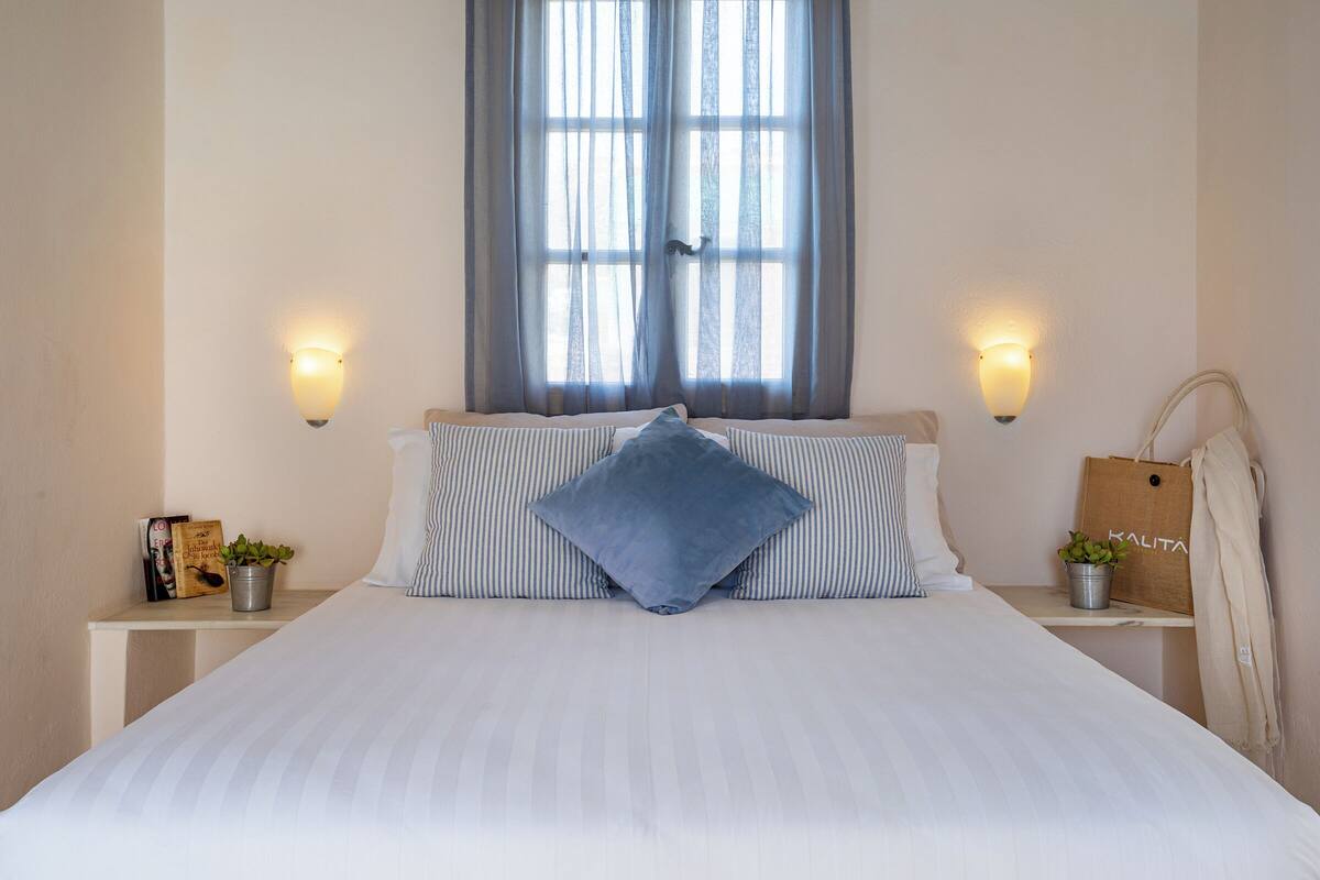 A neatly made bed with striped pillows, a blue accent pillow, and a small potted plant on a bedside table.
