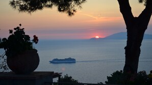 A sunset view over a calm sea with a ship in the distance, a large potted plant, and a tree in the foreground. - Alle Ginestre B&B (Anacapri)
