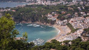 A coastal town with a beach, boats, and dense greenery. - Hotel Llafranch (Palafrugell)