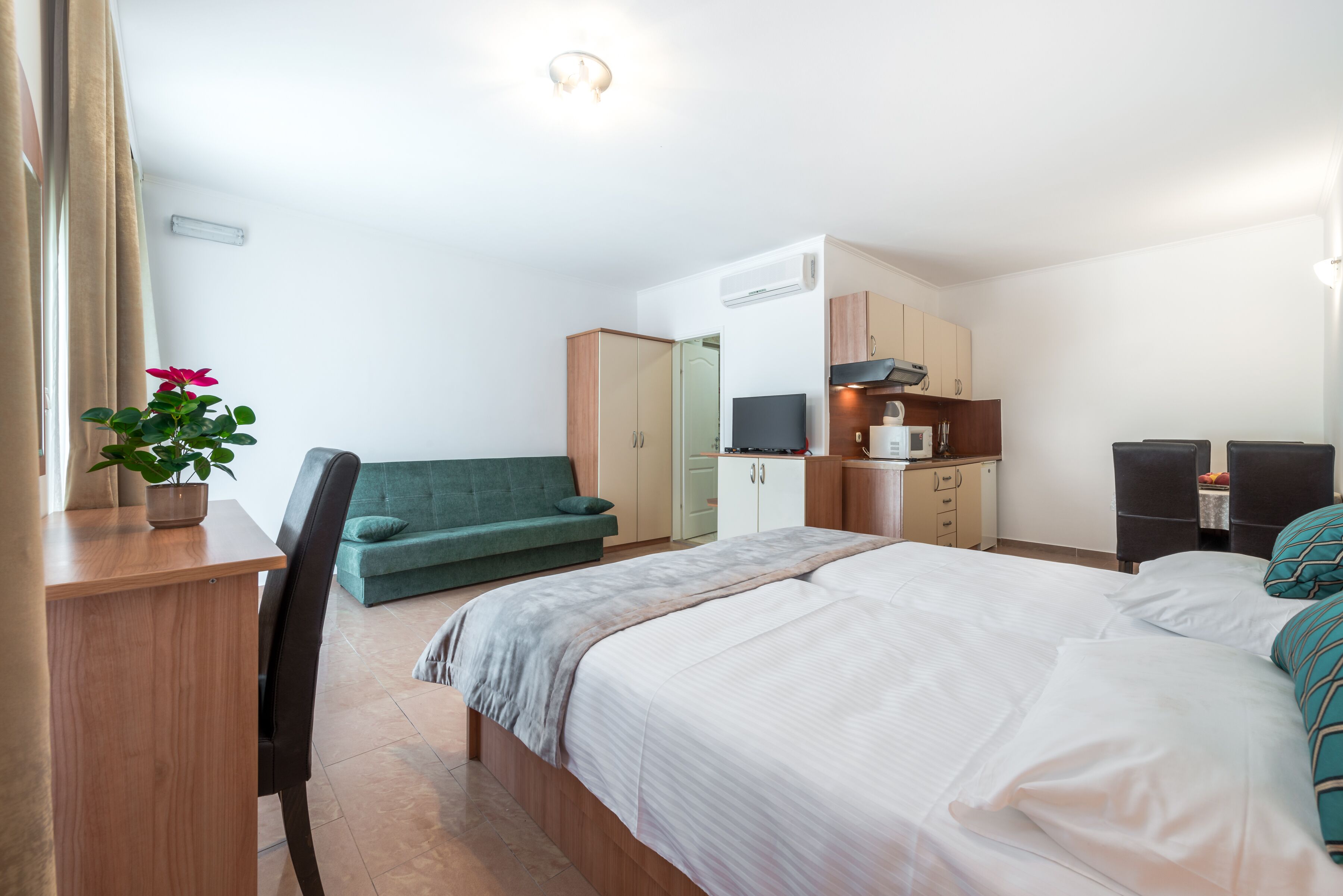 Habitación de hotel con cama, escritorio, silla, televisor, kitchenette y planta en maceta.