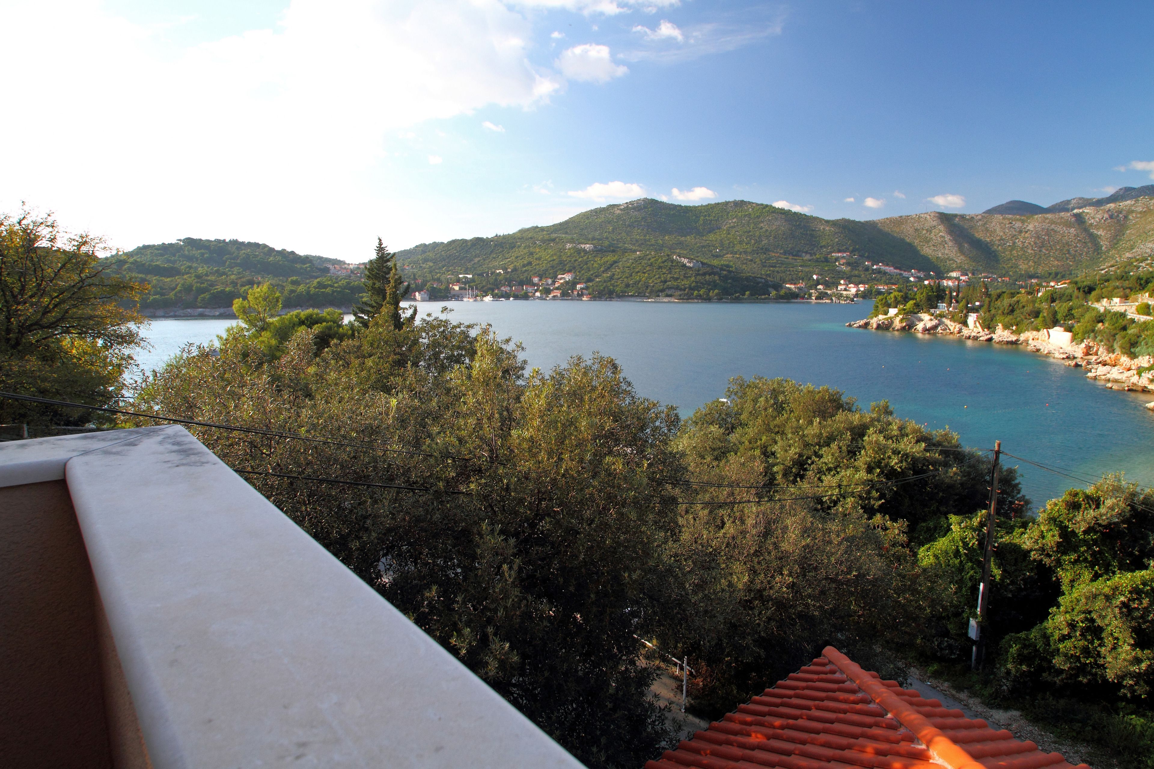 A coastal view with a clear sky, a calm sea, and green hills in the background.