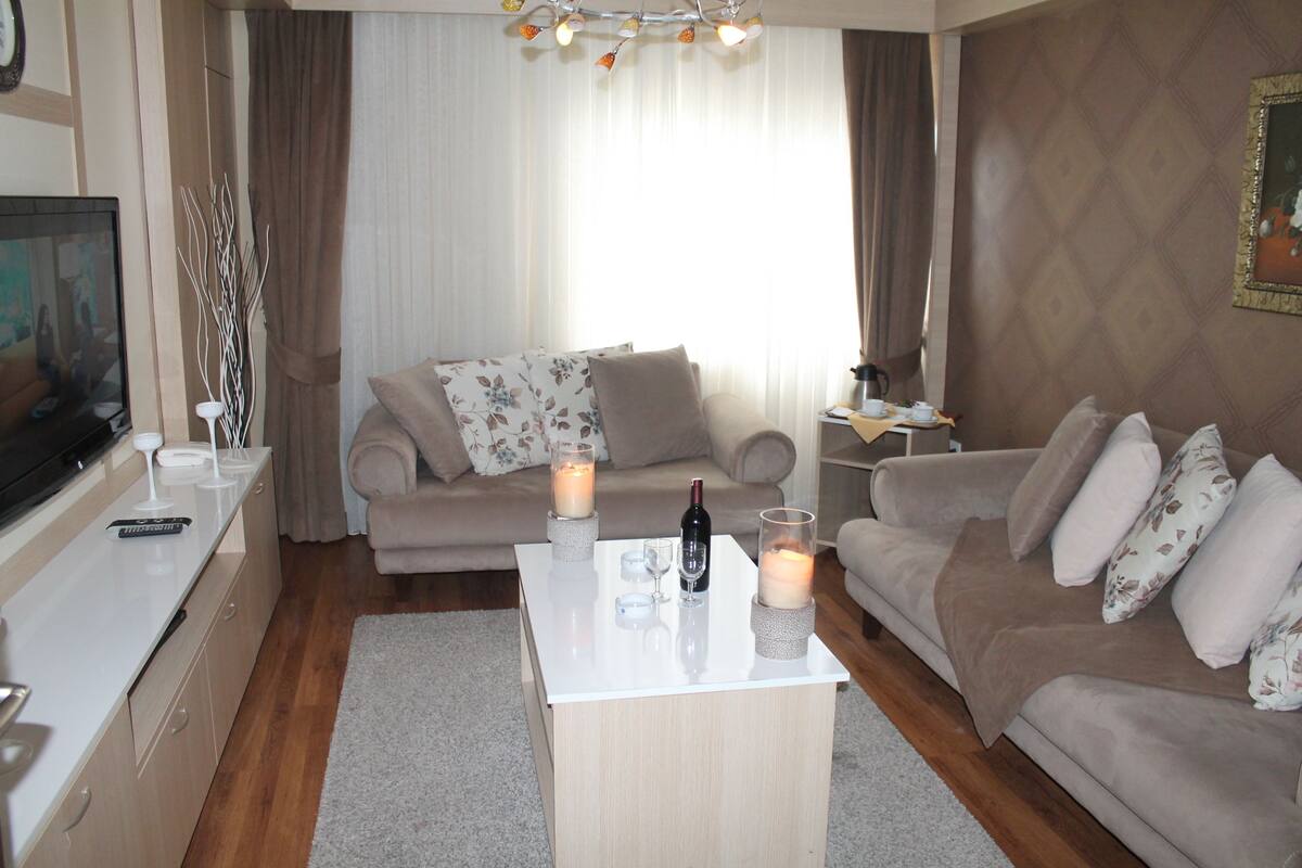 Een moderne woonkamer met een bank, een salontafel en een televisie.