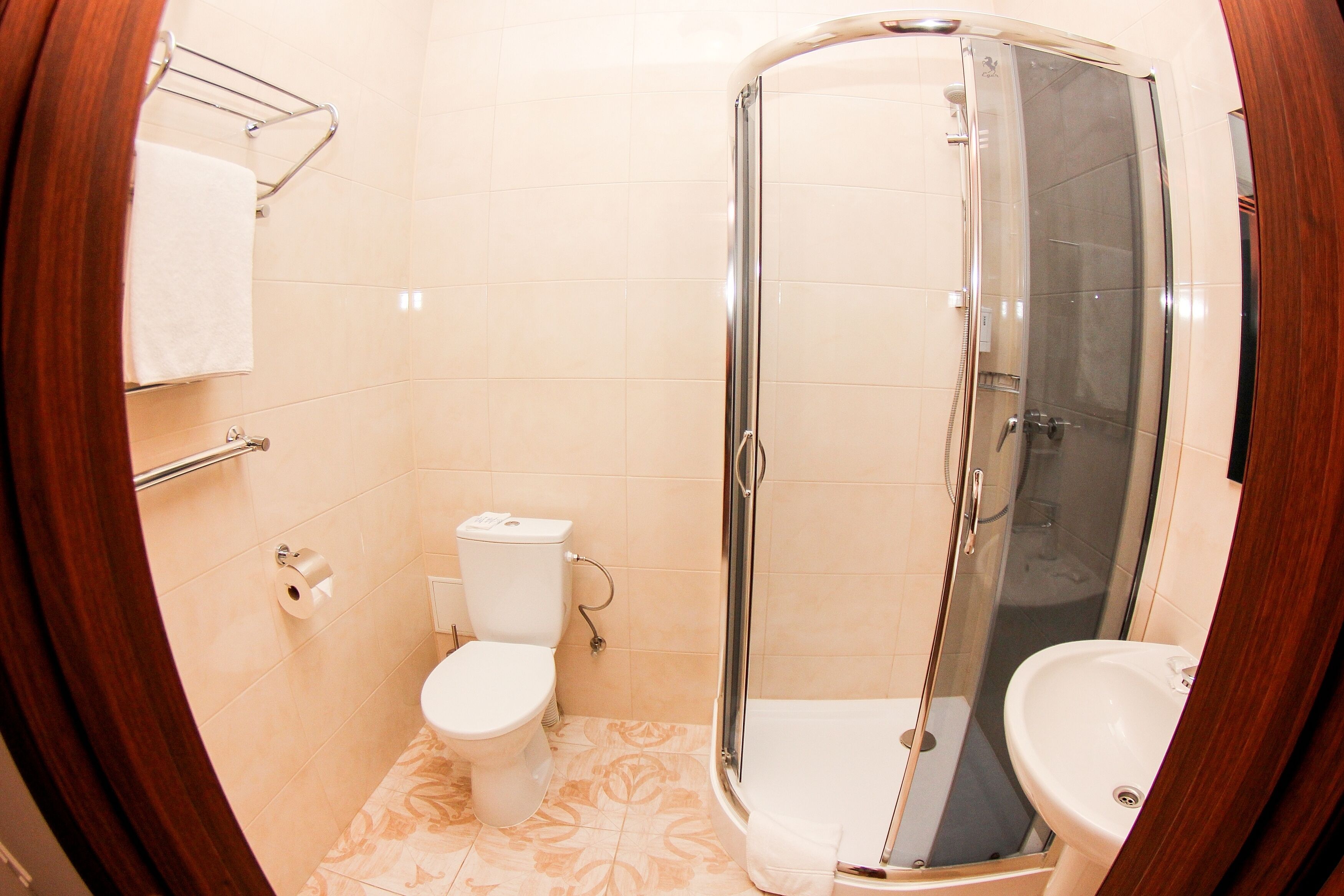 A bathroom with a toilet, a glass-enclosed shower, and a sink.