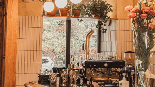 A bar area with wooden counters, hanging plants, and round light fixtures. - Hotel 52 (Odesa)