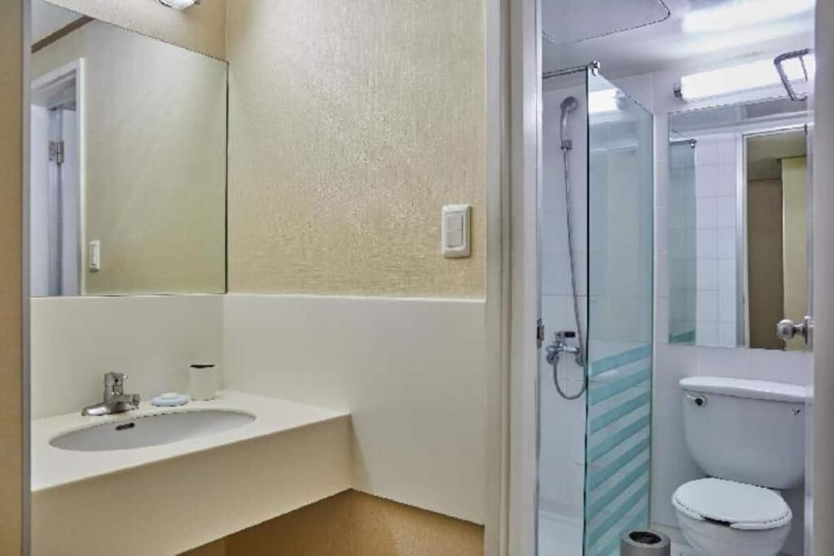 Ein Badezimmer mit Waschbecken, Spiegel, Dusche und Toilette.