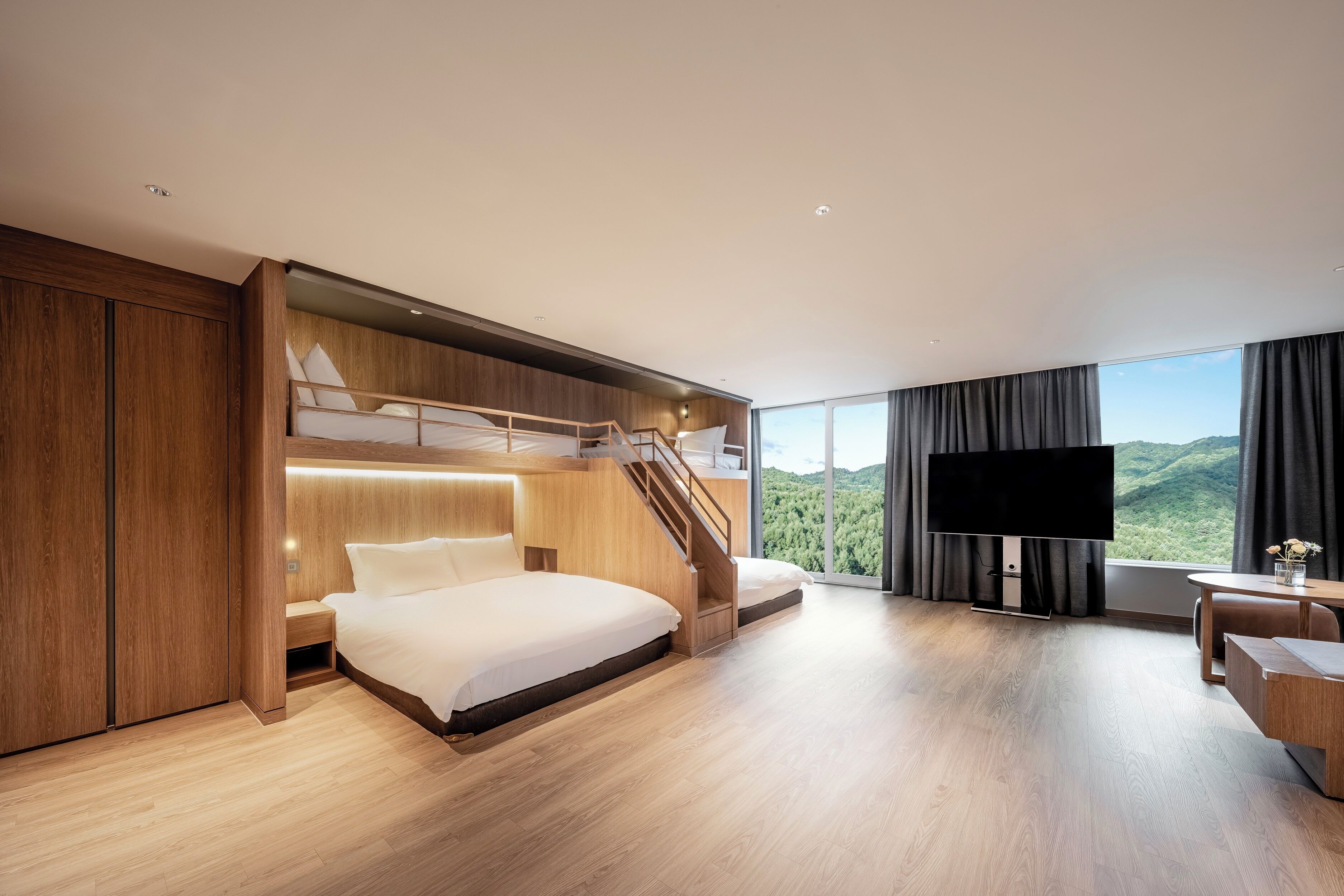 A modern bedroom with a bunk bed, a desk, and a TV.