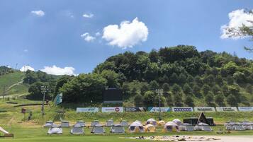 A campsite with tents, a grassy field, and a forested hill in the background.