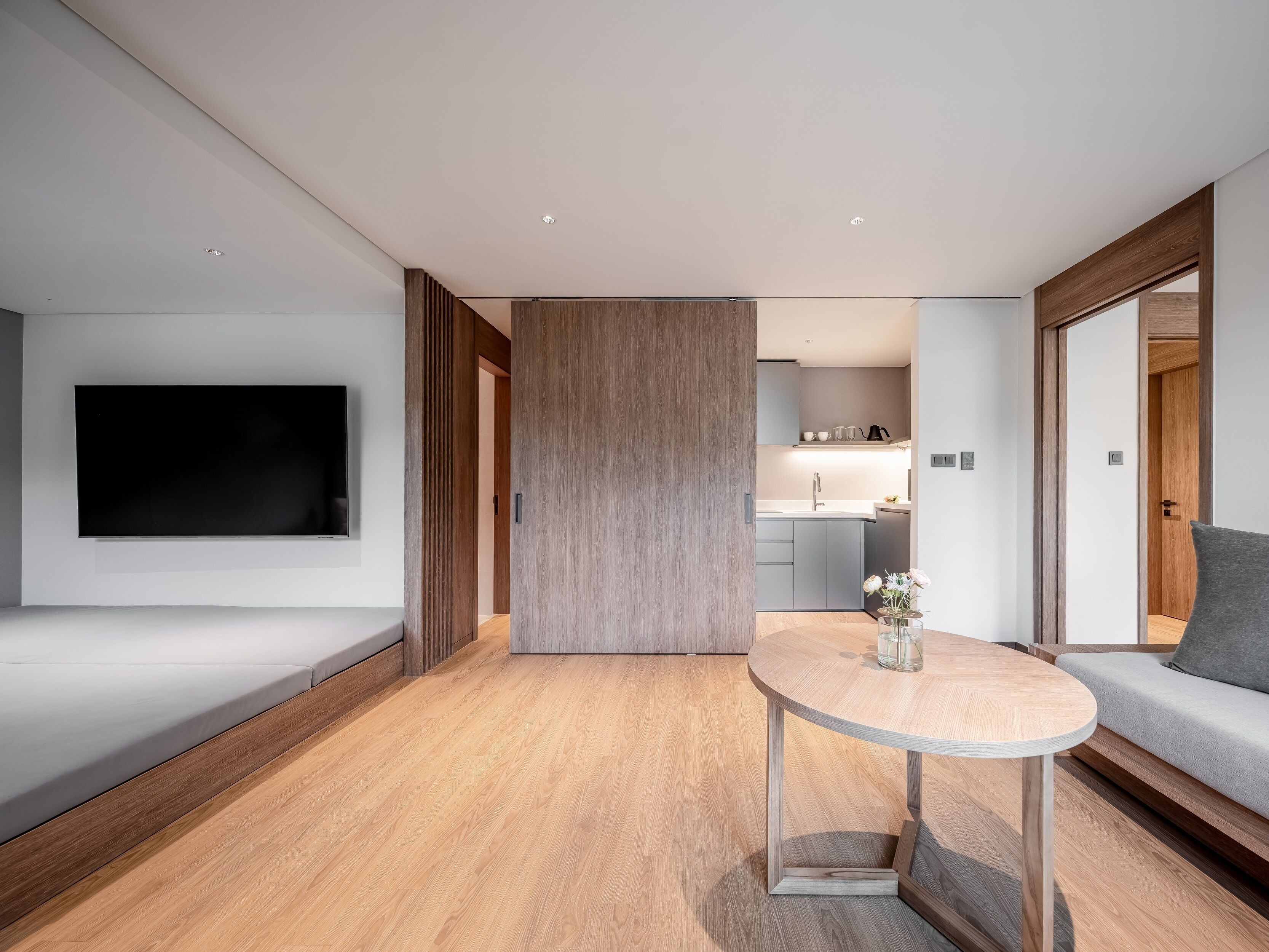 Fridge, microwave, dining tables