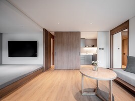 Fridge, microwave, dining tables