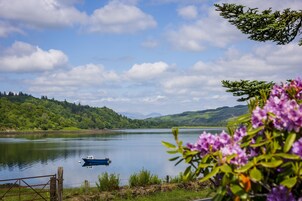 Un lago con un bote, rodeado de vegetación y colinas.