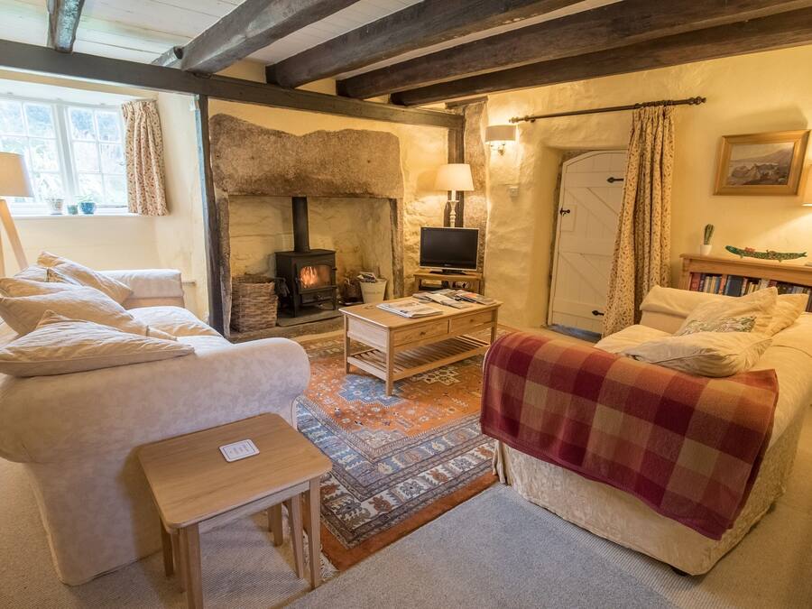 Una sala de estar acogedora con chimenea, sofás, televisión y estantería.