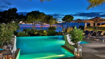 Outdoor pool, pool umbrellas, pool loungers