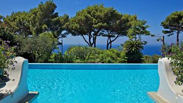 Piscina a l'aire lliure, para-sols i gandules