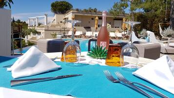 Lunch served, Mediterranean cuisine, pool views
