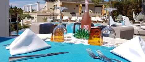 Lunch served, Mediterranean cuisine, pool views