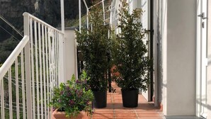 A balcony with a white railing, potted plants, and a view of a mountainous landscape. - Bed & Breakfast Mamma Rosa (Positano)