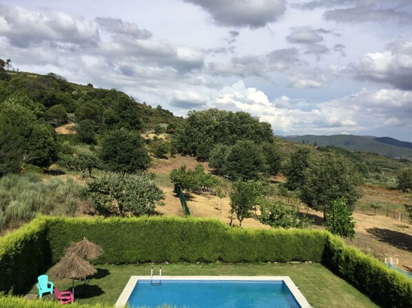 Outdoor pool, pool umbrellas, pool loungers