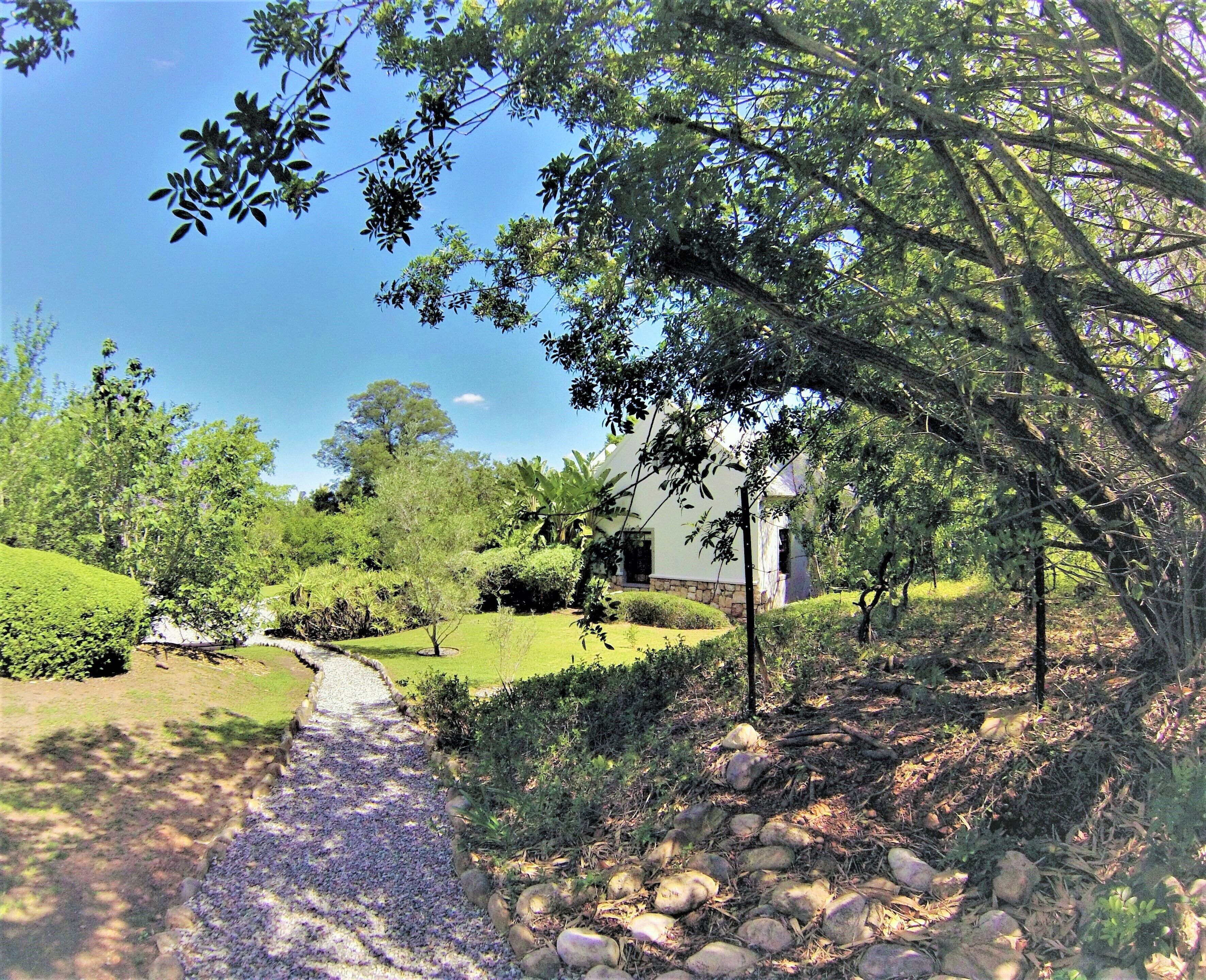 A pathway leading to a building surrounded by lush greenery and trees.