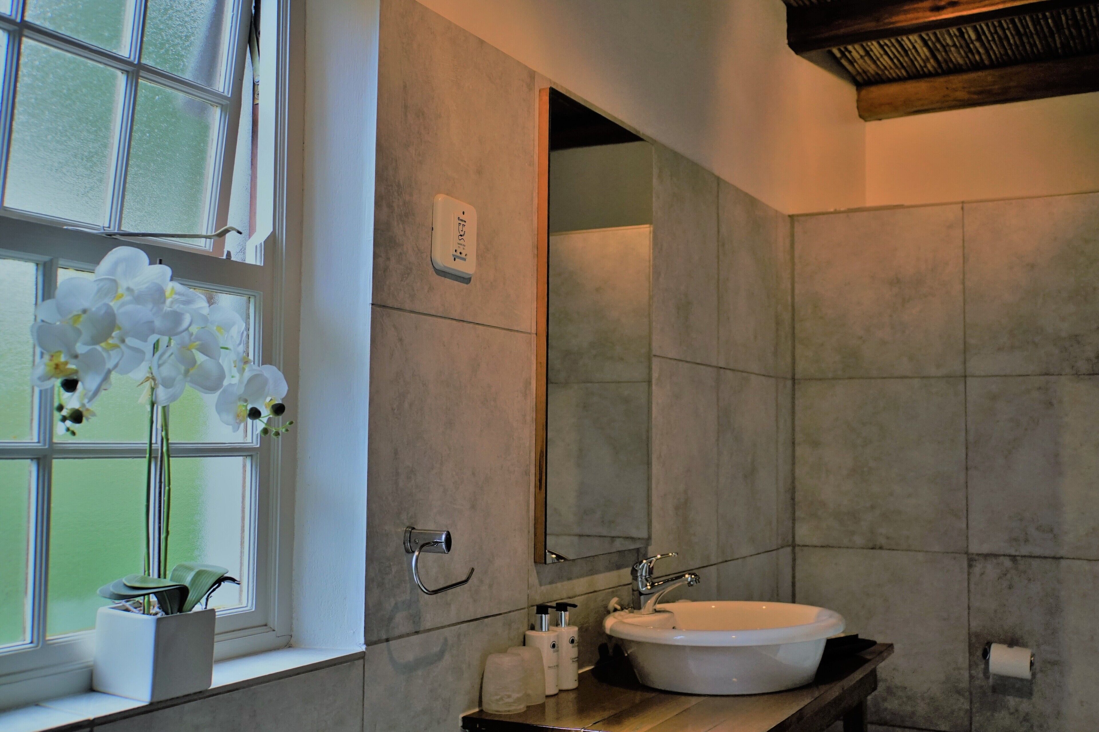 Un baño con un ventanal amplio, un lavabo blanco y un espejo.