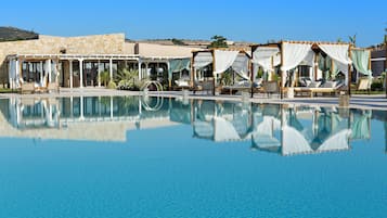 Outdoor pool, pool umbrellas, pool loungers
