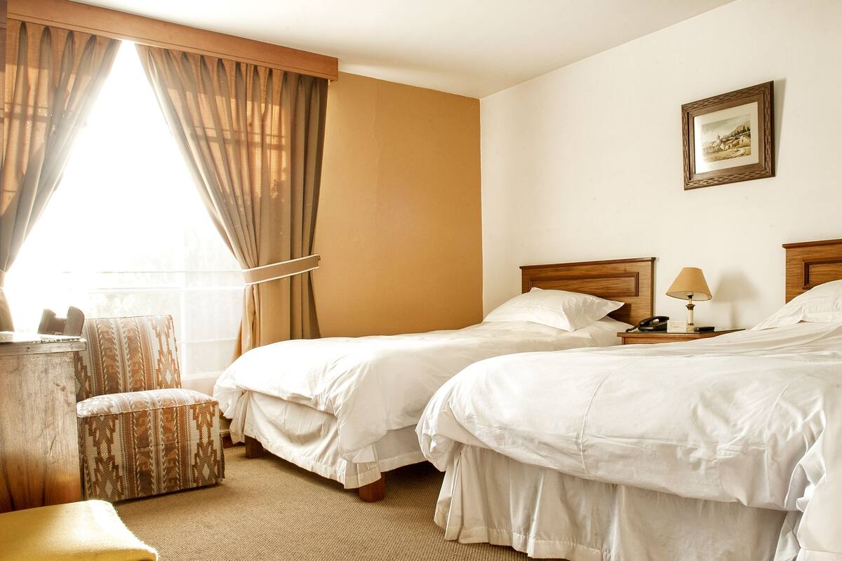 Habitación de hotel con dos camas, una mesita de noche con lámpara, una silla y un cuadro en la pared.