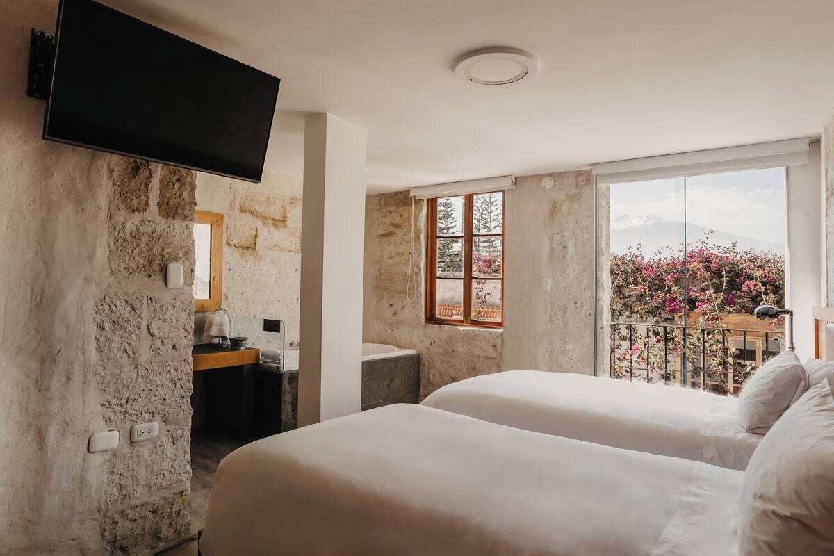 Un dormitorio con televisión, ventana, balcón con flores y pared de piedra.