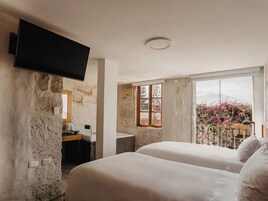 A bedroom with a TV, a window, a balcony with flowers, and a stone wall.