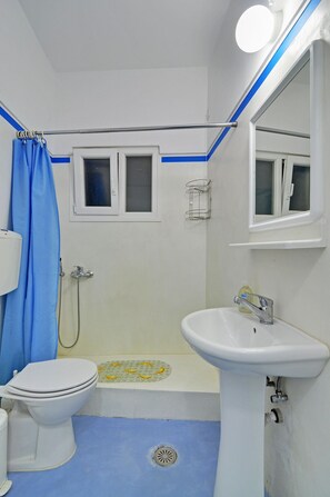 Un baño con inodoro, ducha y lavamanos.