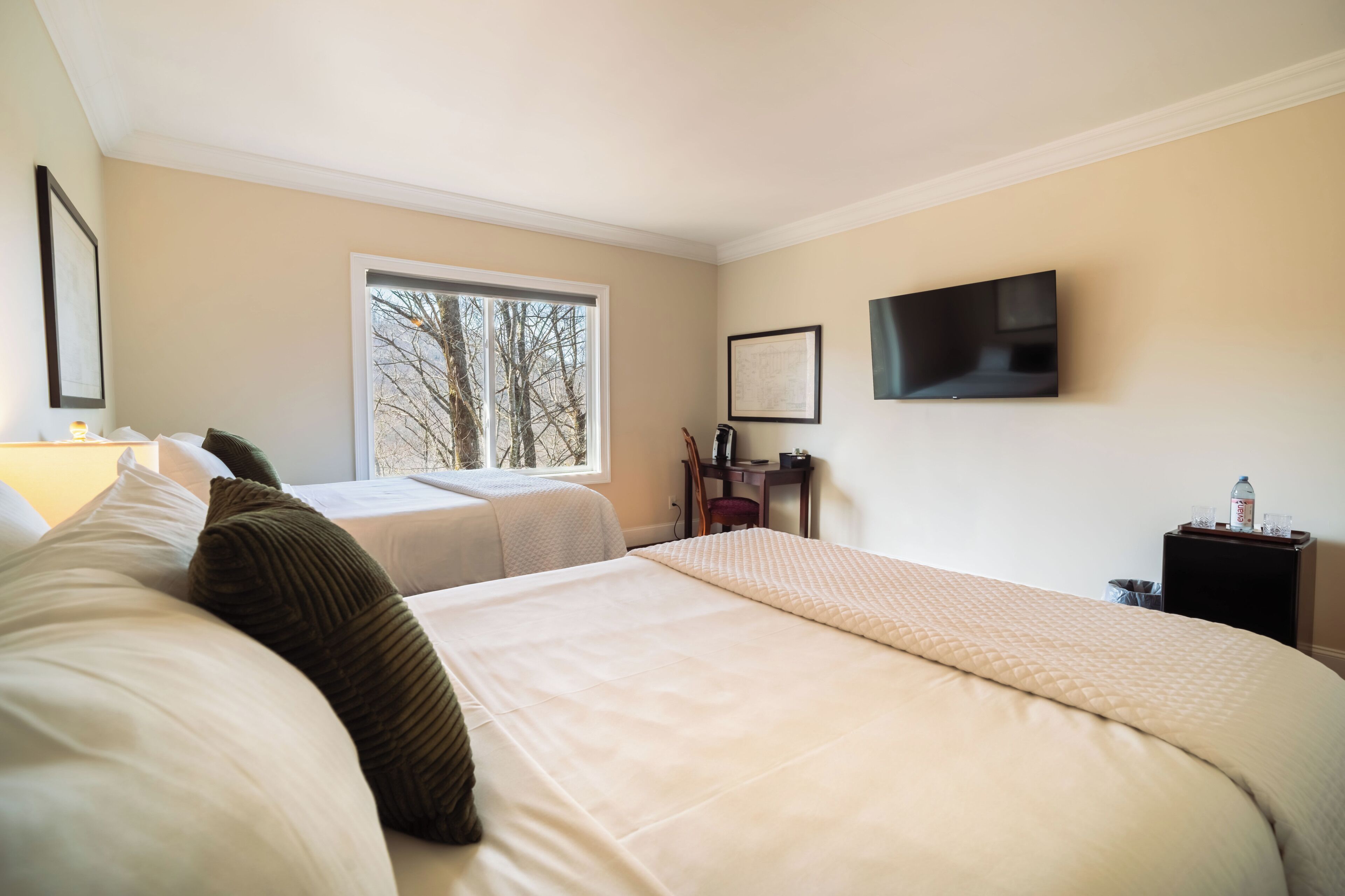 A hotel room with two beds, a TV, a window with a view of trees, and a desk with a chair.