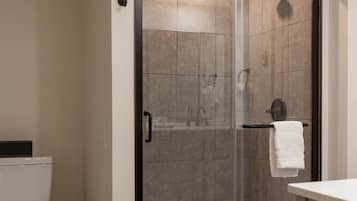 Ein modernes Badezimmer mit einer begehbaren Glasdusche, einer Toilette und einem Handtuchhalter.