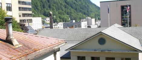 A residential area with a mountain in the background, a balcony with flowers, and a solar panel on a house roof.