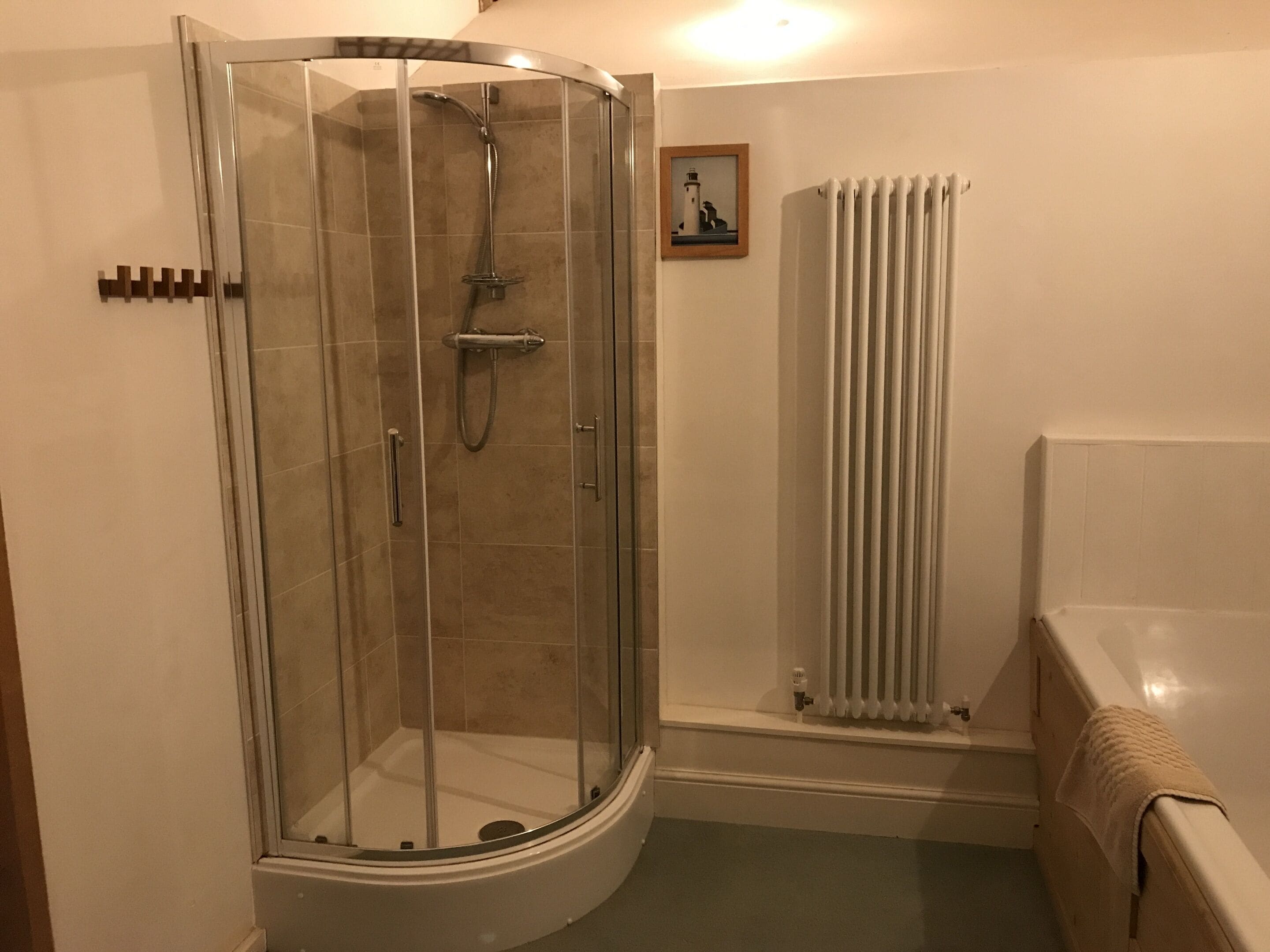 A shower with a glass door, a radiator, and a bathtub.